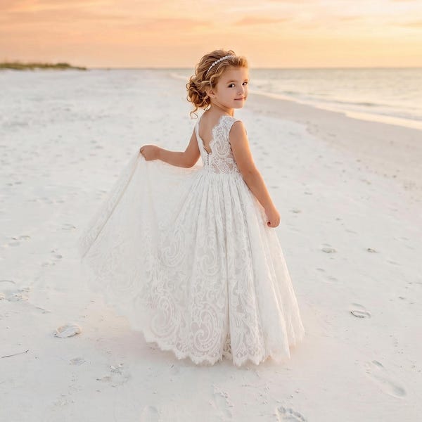 Boho Lace Flower Girl Dresses, White Tulle Wedding Gown, Beach Wedding Outfit & First Communion Dress