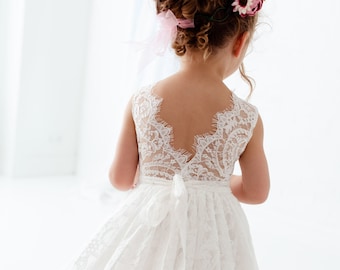 Boho Lace Flower Girl Dress, White Tulle Wedding Dress, Beach Wedding Dress, Rustic Bohemian Dresses