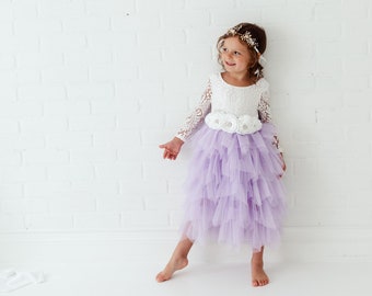 Lilac Tulle Flower Girl Dress,  Lavender Boho Dress, Purple Dress, Beach Wedding Dress, Long Sleeve Dress