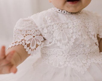 White Lace Christening Gown, Infant Baptism Dress, Unique Baby Boho Dress, Flower Girl