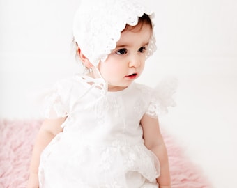 White Lace Christening Gown, Unique Baby Boho Dress, Baby Flower Girl Dress, Infant Lace Baptism Dress