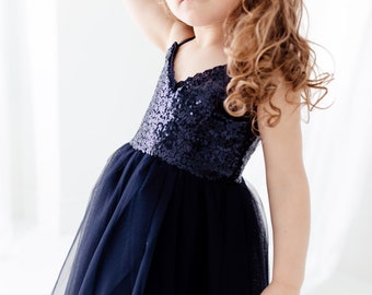 Girls Navy Blue Tulle Dress, Baby Girl 1st Birthday Dress, Midnight Blue Sequin Flower Girl Dress