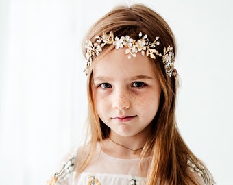 Lavelle- Boho Floral Wedding Headband, Flower Girl Halo, Gold Floral Turban, Rhinestone Headband Baby Girls Bohemian Greek Goddess Headpiece