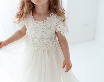 Robe de fille à fleurs en ivoire d’ivoire, robe de mariée en tulle rustique, Will You Be My Flower Girl Proposal, robes Boho