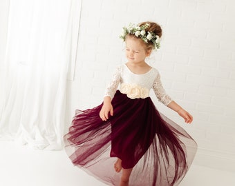 Burgundy Flower Girl Dress, White Lace Wedding Dress, Will You Be My Flower Girl, Flower Girl Proposal