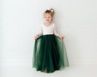 Hunter Green Tulle Flower Girl Dress, White Lace Long Sleeve Wedding Dress, Ball, Bohemian Dark Teal Tulle Dress