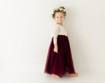 White Lace Flower Girl Dress, Wine Burgundy Long Sleeve Wedding Gown, Maroon Bohemian Boho Chic, will you be my flower girl proposal