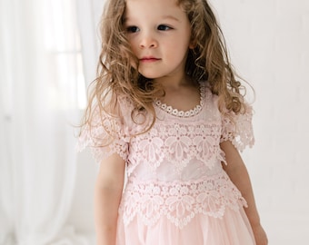 Rustic Lace Flower Girl Dress, Blush Pink Boho Dresses, Bohemian Wedding Dress, Rose Gold