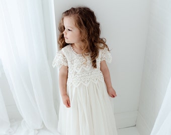 Boho Crochet Flower Girl Dress, Ivory Tulle Wedding Dress, Bohemian Baby Girl Dress, Christening Gown