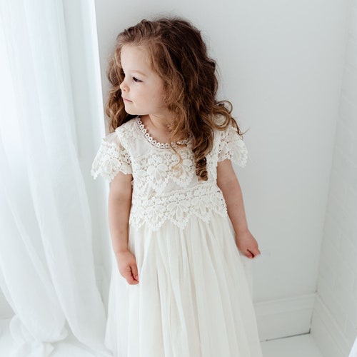 Boho Crochet Flower Girl Dress Ivory Tulle Wedding Dress Etsy