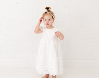 Infant Lace Baptism Dress, Unique Baby Boho Dress, Baby Flower Girl Dress, White Lace Christening Gown