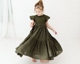 Hazel Boho Green Flower Girl Dress, Emerald Tulle Rustic Wedding Gown for Girls, Sage Flower Girl Proposal Outfit
