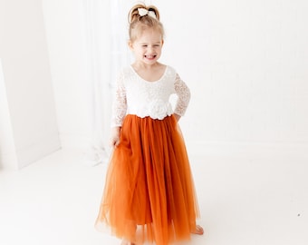 Boho Tulle Flower Girl Dress, Long Sleeve Floor Length Dress, Beach Wedding Dress, Burnt Orange Tulle, White Lace, Rust