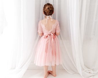 Erin Blush Flower Girl Dress, Rustic Boho Pink Wedding Gown, Bohemian Tulle Infant Dress, Girls Proposal Outfit