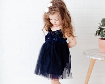 Navy Tulle Flower Girl Dress, Midnight Blue Sequin Dress, Dusty Blue Wedding, Flower Girl Proposal