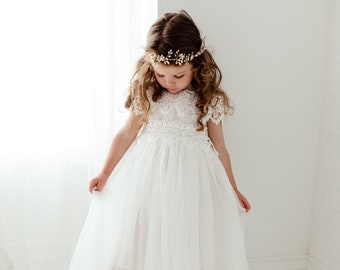 Boho White Lace Flower Girl Dress, Romantic Toddler Tulle Wedding Gown, Rustic Crochet Bohemian