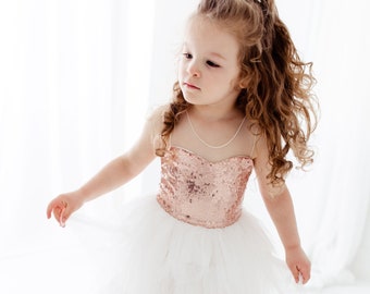 White Tulle Flower Girl Dress, Boho Rose Gold Dress, Beach Wedding, Sequin Dress