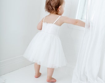 White Tulle Flower Girl Dress, Sequin Wedding Gown, Boho Beach Girls Summer Dresses