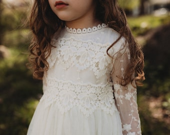 Bohemian Lace Flower Girl Dress, Rustic Ivory Tulle Wedding Dress, Bohemian Lace Dress, Boho Christening Gown, Baptism Dress