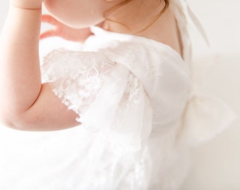 White Lace Christening Gown, Infant Lace Baptism Dress, Unique Baby Boho Dress, Baby Flower Girl Dress