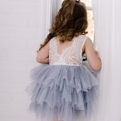 Dusty Blue Tulle Beaded Lace Wedding Flower Girl Dress