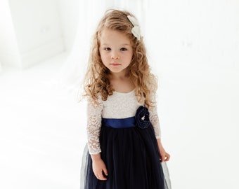 White Lace Flower Girl Dress, Navy Blue Tulle Long Sleeve Ball Gown, Indigo Midnight Blue Floor Length Boho Dress