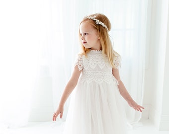 Bohemian White Flower Girl Dress, Rustic Tulle Wedding Dress, Will You Be My Flower Girl Proposal, Boho Dresses