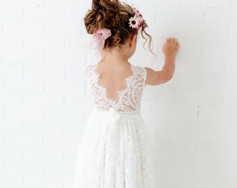 Boho Lace Flower Girl Dress, White Tulle Wedding Dress, Beach Wedding Dress, Rustic Bohemian Dresses