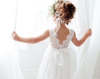 Boho Lace Flower Girl Dress, Rustic White Wedding Dress, Will You Be My Flower Girl Proposal, Bohemian Dresses
