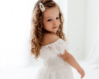 White Boho Lace Flower Girl Dress, Bohemian Tulle Wedding Dress, Grecian High Low Dress, Off The Shoulder Boho Dress