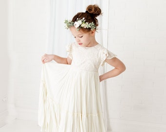 Vestido de niña de las flores de marfil boho, vestido de novia crema rústico, serás mi propuesta de niña de las flores, vestidos boho infantiles