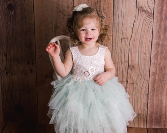 White Lace Flower Girl Dress, Romantic Mint Green Tulle Wedding Gown, Boho Chic Beach Couture, Will You Be My Flower Girl Proposal. Abby