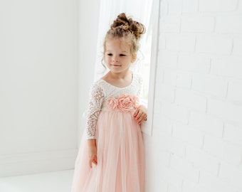 Bohemian Lace Flower Girl Dress, Blush Long Sleeve Wedding Dress, Pink Ball Gown, White Lace Baby Dress- Jocelyn