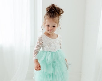 Boho White Lace Flower Girl Dress, Romantic Toddler Tulle Wedding Gown, Long Sleeve Bohemian Dress