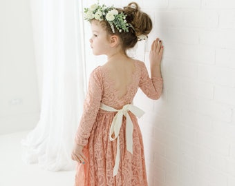 Bohemian Blush Pink Flower Girl Dress, Rustic Rose Tulle Wedding Dress, Beach Wedding Dress, Bohemian Dresses. Paisley
