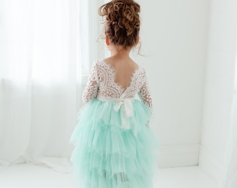 White Lace Flower Girl Dress, Mint Green Tulle Wedding Gown, Romantic Long Sleeve Dress, Aqua Tulle