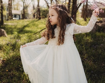 Vestido bohemio color marfil para niña de las flores, vestido de novia de tul con encaje, atuendo rústico para bautizo y comunión.