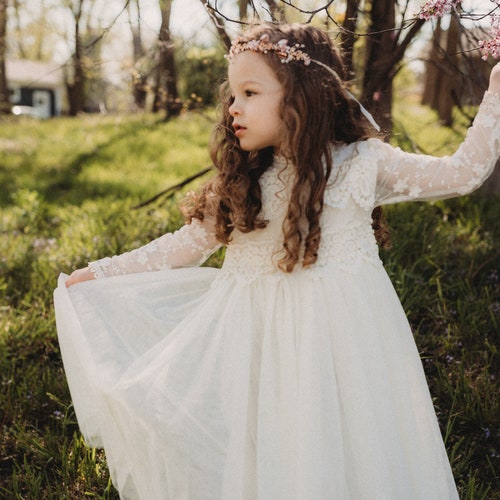 Bohemian Lace Flower Girl Dress Rustic Ivory Tulle Wedding - Etsy