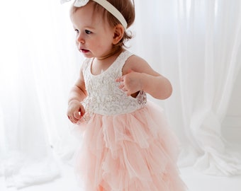 Blush Pink Tulle Girls Summer Dress, White Lace Flower Girl Dress, Boho Girls Dresses-- Abby