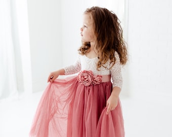 White Lace Flower Girl Dress, Dusty Rose Tulle Wedding Dress, Bohemian Mauve Long Sleeve Spring Dresses- Jocelyn