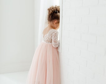 Boho Lace Flower Girl Dress, Blush Tulle Long Sleeve Wedding Gown, Floor Length Ball Gown, Bohemian Dress. Jocelyn