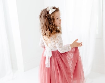 White Lace Flower Girl Dress, Dusty Rose Tulle Long Sleeve Wedding Dress, Mauve Ball Gown, Pink Floor Length Gown