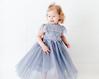 Dusty Blue Gray Flower Girl Dress, Rustic Smoke Blue Tulle, Will You Be My Flower Girl Proposal, Boho Dresses, Steel Blue