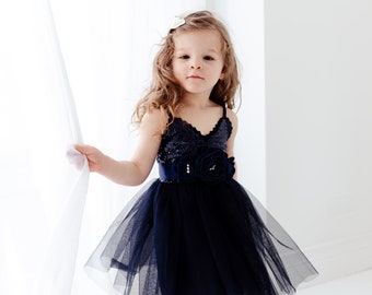 Navy Tulle Flower Girl Dress, Midnight Blue Sequin Dress, Dusty Smoke Blue Wedding, Flower Girl Gift