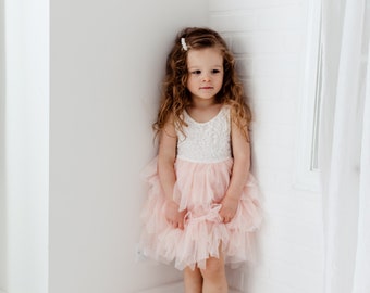 Boho White Lace Flower Girl Dress, Blush Pink Tulle Beach Wedding Dress, Bohemian Dress- Allison