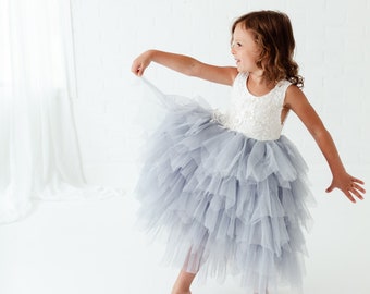 Dusty Blue Tulle Girls Dresses, White Lace Flower Girl Dress, Boho Gray Tulle Princess Dress. Abby