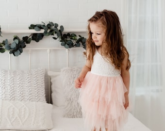 Blush Pink Tulle Flower Girl Dress, White Lace Boho Dress, Beach Wedding Dress, Girls Summer Dress. Allison