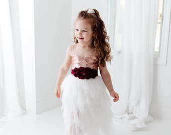 Boho Rose Gold Flower Girl Dress, White Tulle Wedding Dress, Baby Princess Dress