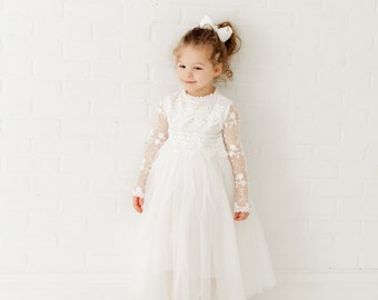 Long Sleeve Lace Christening Gown, Rustic White Tulle Wedding Dress, Bohemian, Baptism Dress, Boho Girls Dresses