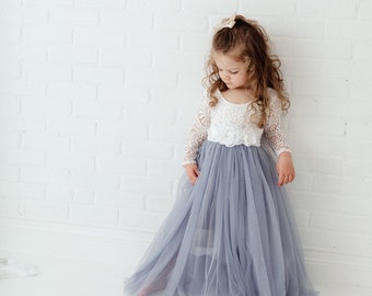 Dusty Blue Flower Girl Dress, Romantic White Lace Girls Dresses, Long Sleeve Wedding Dress, Gray Dress